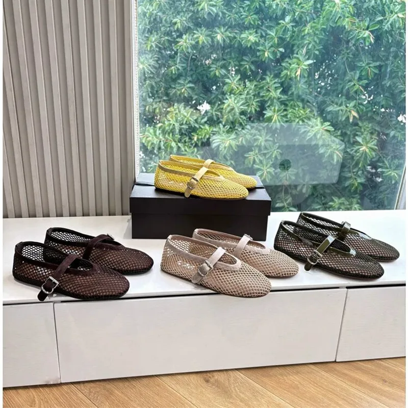 Designer Brand Original Fishing Net Ballet Shoes Summer Retro Suede Flat Bottom Mesh Hollow Mary Jane Single Shoes