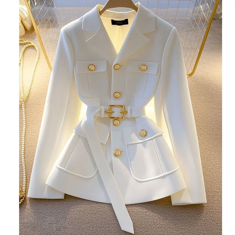 Spring Autumn Temperament Ladies Blazer with Belt Korean Versatile Lady Outer Wear Fashion Buttons Lapel Women's Suit Jacket