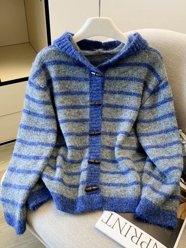 

Blue Striped Hooded Knitted Open Cardigan Women's Spring 2026 Autumn Winter New Button Sweater Ladies Outerwear
