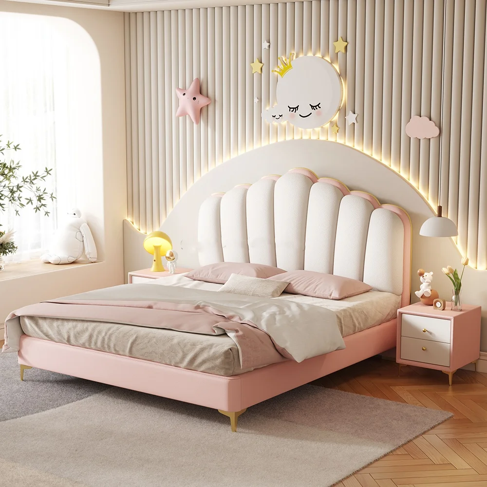 

New Modern Single Kids Bed with Revolving Wooden Frame Up-Holstered Bedroom Furniture Soft Style Children's Bed for Girl Child