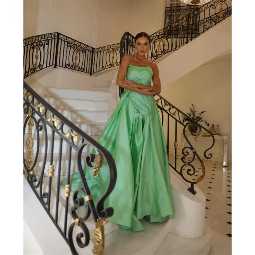 

Customized Strapless Pleats A-line Prom Dresses Floor-length Sleeveless فستان سهرة نسائي Green Simple فساتين للمناسبات الخ