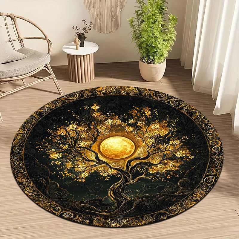 Luxury Golden Tree Round Mat  Antique Ornate Frame Tree of Life Sun Art Circular Decor Rug  Entryway Indoor Living Space Decor
