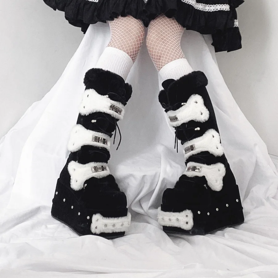Y2K Skeleton Plush Rivet Decor 10 Cm Thick Sole Platform Knee High Boots Black White Punk Ladies Winter Fashion Women Footwear