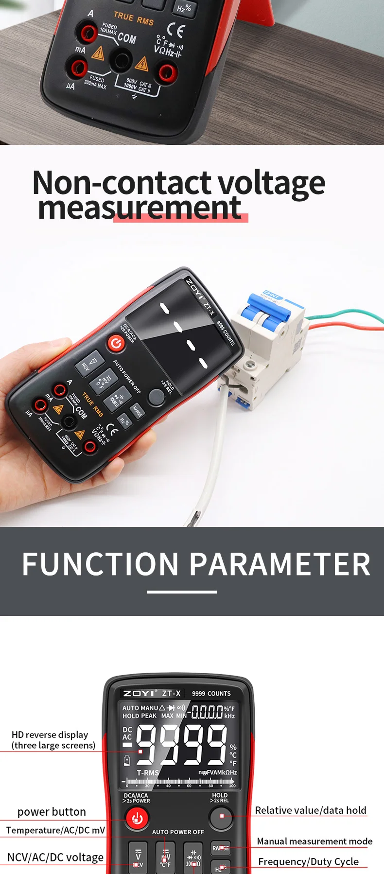 ZOYI ZT‑X 9999 Counts True RMS Digitalmultimeter mit automatischer Bereichswahl, NCV-Spannung, Strom, Widerstand, Kapazität, Temperaturmessgerät – Detail 4