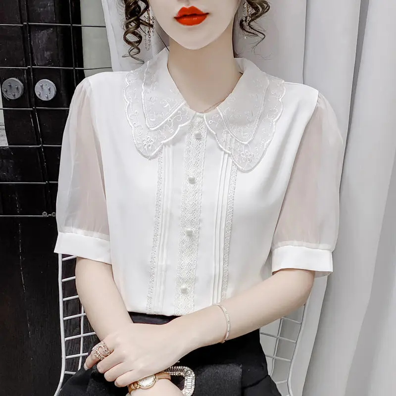 Chiffon Blouse New Doll Collar White Shirt Summer Short Sleeve Lace Cute Bottoming Shirt