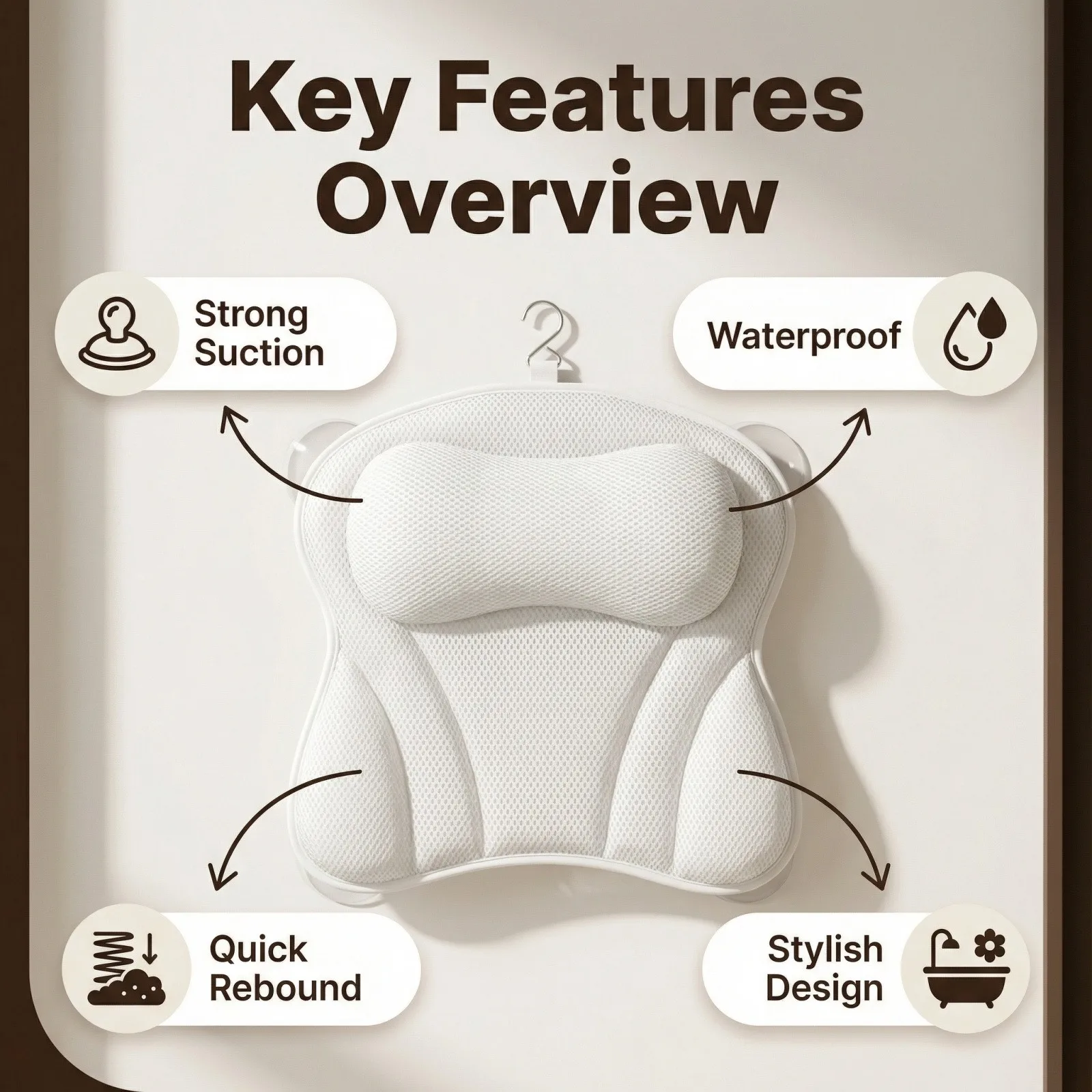 Non-Slip Bath Pillow with Air Mesh Neck Head And Back Support for Bathtub Universal Suction Cups