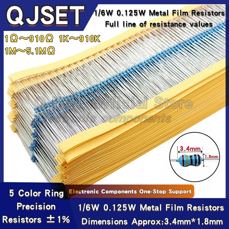 

100pcs 1/6W Metal Film Resistors 1/8W 1% 0.125W 10 100 200 220 330 470 Ohm 4.7K 1K 2.2K 10K 47K 200k 220k 510k 100k 470K 1M Ohms