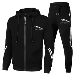 Men Jaguar Car Logo Print 2 Piece Sets Sportswear Zip Hooded Sweatshirt+Pants Gym Running Men Clothing 2023 New Tracksuit