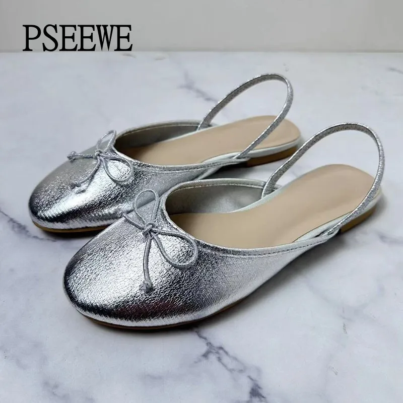 

PSEEWE Silver Flat Sandals 2024 New Summer Bow Low Heel Shoes Women Pumps Elegant Office Women Heeled Shoes Lady Ballet Shoes