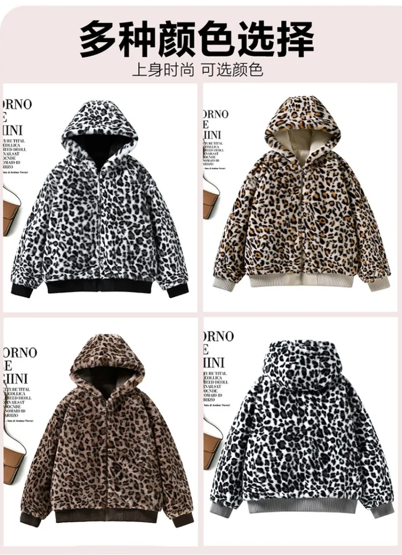 Women Double-sided Penetration Leopard Print Cotton Padded Jacket Winter Coat Parkas Velvet Warm Hooded Retro Female Outerwear
