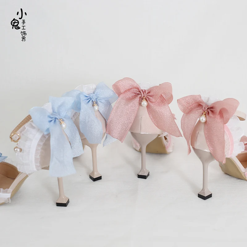 Retro French Style Lolita Elegant Flower Wedding Cosplay Girl Shoes Pointed Lace Flower Bow  5-8cm High Heel Shoes