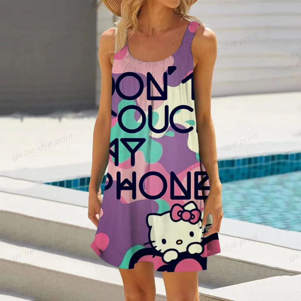 2024 summer new fashion bag hip-hop beach party dress Hello Kitty print cute cartoon print sleeveless sexy nightclub loose dress