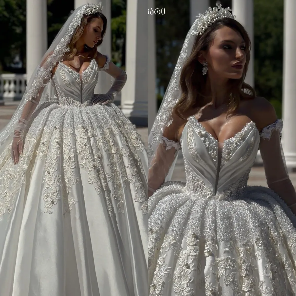 Luxury White Off Shoulder Ball Gown with Deep V-Neck 3D Pearl Lace Applique Bridal Dress Vestido de Noiva Customized D261684