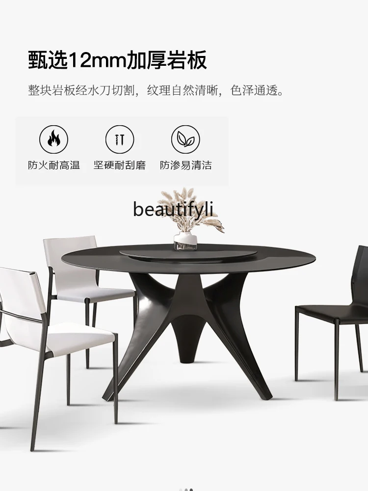 French Cream Style Pure White Stone Plate Dining Table Silent Style Pure Black Stone Plate Round Table