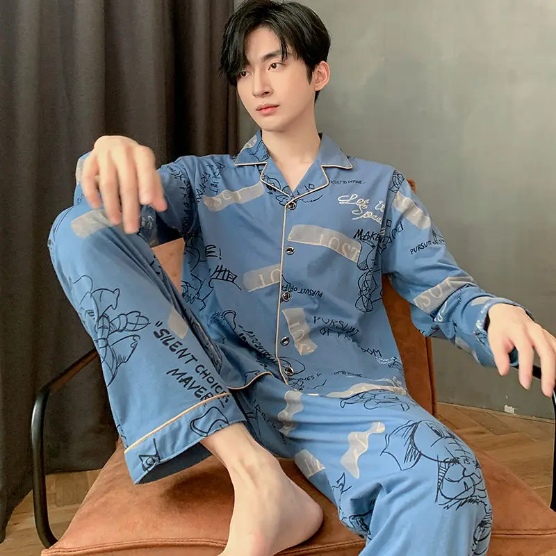 Pure Cotton Pajamas Autumn Winter New Men Long-Sleeved Casual Simple Homewear Male Large Size Lapel Single Breasted Nightclothes