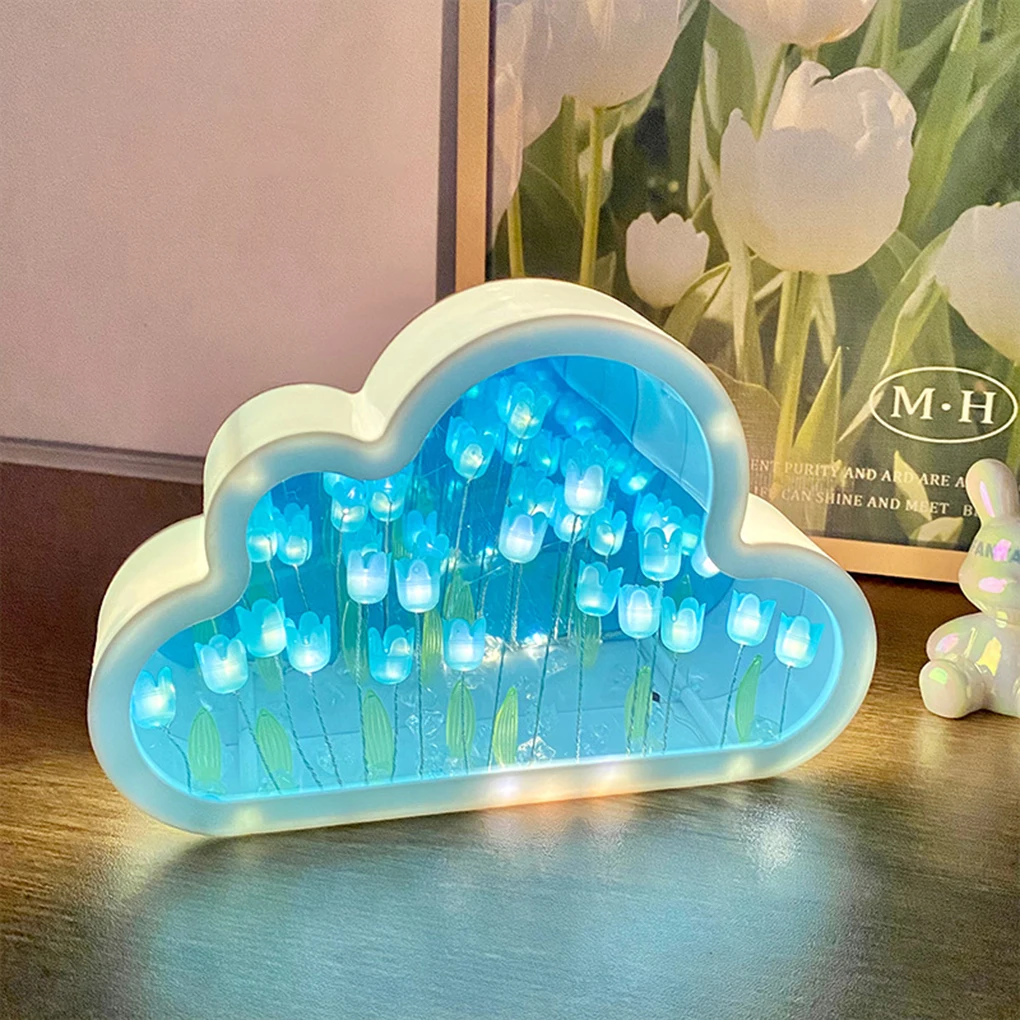 Cloud Tulip Night Light Handmade DIY Material Flower Home Decor Mirror Creative Atmosphere Lamp Birthday Gift Valentine’s Day