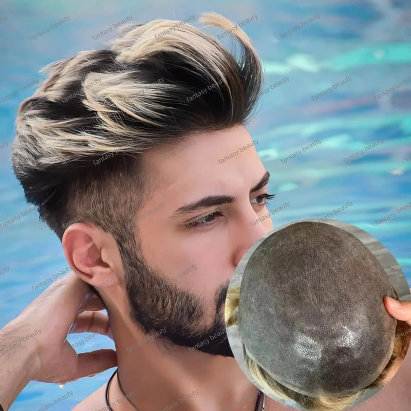 

100% Human Hair prosthesis men toupee 4T/613 Ombre Blonde Brown black Roots Skin full PU base toupee Men's Capillary Prosthesis
