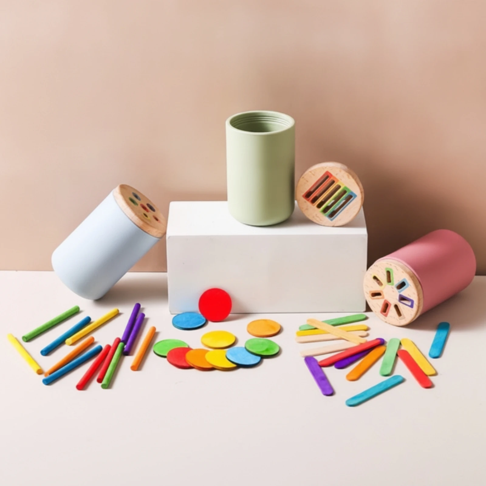 Silicone Shape Sorting Cup Educational Sorting Cup with Wooden Lid Wooden Shape Sorter Fine Motor Learning Toy Hands-On