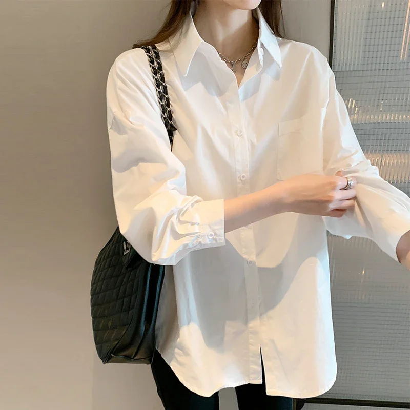 

White Shirt Women Spring Autumn New Korean Fashion Tops Long Sleeve Shirt Solid Color Cotton Blouse Pocket Clothes Blusas 27855