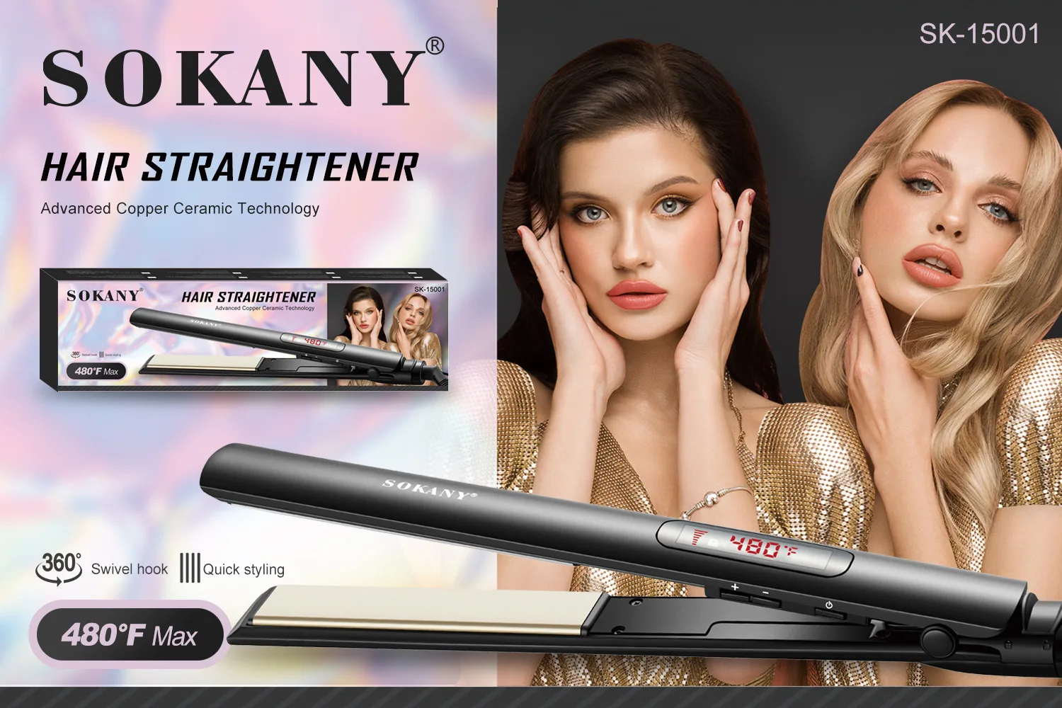 SOKANY15001 Hair Straightener, Hair Styling, LED LCD Display Panel, Household Straightening Board