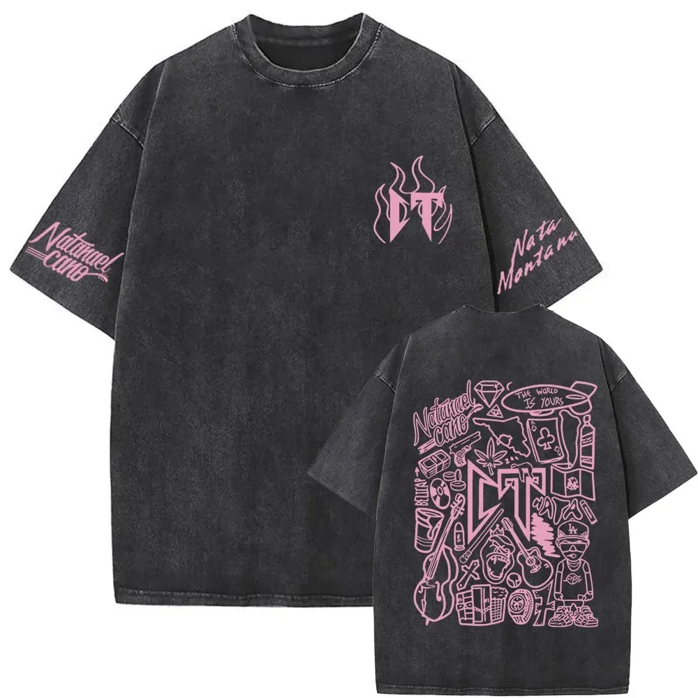 Singer Natanael Cano Corridos Tumbados Sloth CT Graphic Washed Tshirt Men Oversized Vintage T-shirt Men Hip Hop Black Tees