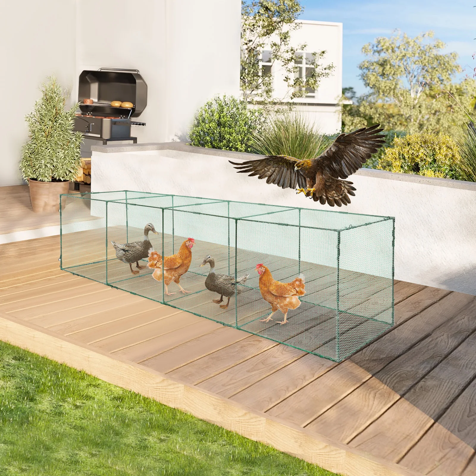 Chicken Tunnel Anti-Predator 320×80×80cm 4 Section Nylon Net Poultry Play Run Plastic Coated Steel Frame Outdoor Chicken Rabbit Duck Exercise Tunnel