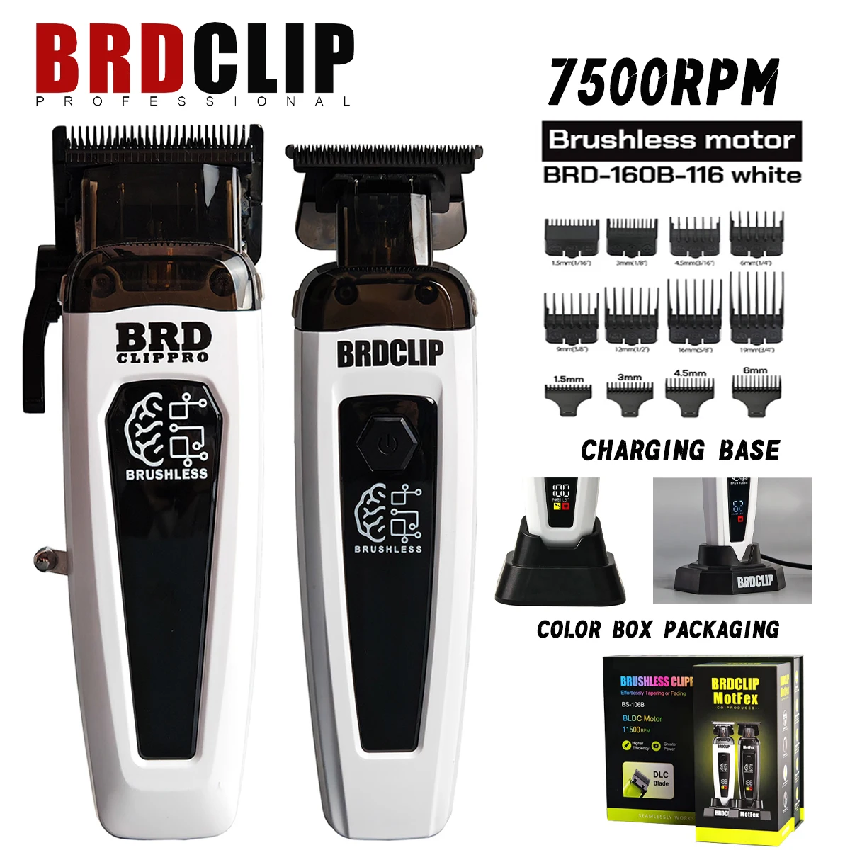 

BRDCLIP Машинка для стрижки волос с бесщеточным двигателем BRD106B BRD-116 7500 об/мин Большой аккумулятор 2000 мАч Ультратонкий беспроводной триммер с подвижным лезвием