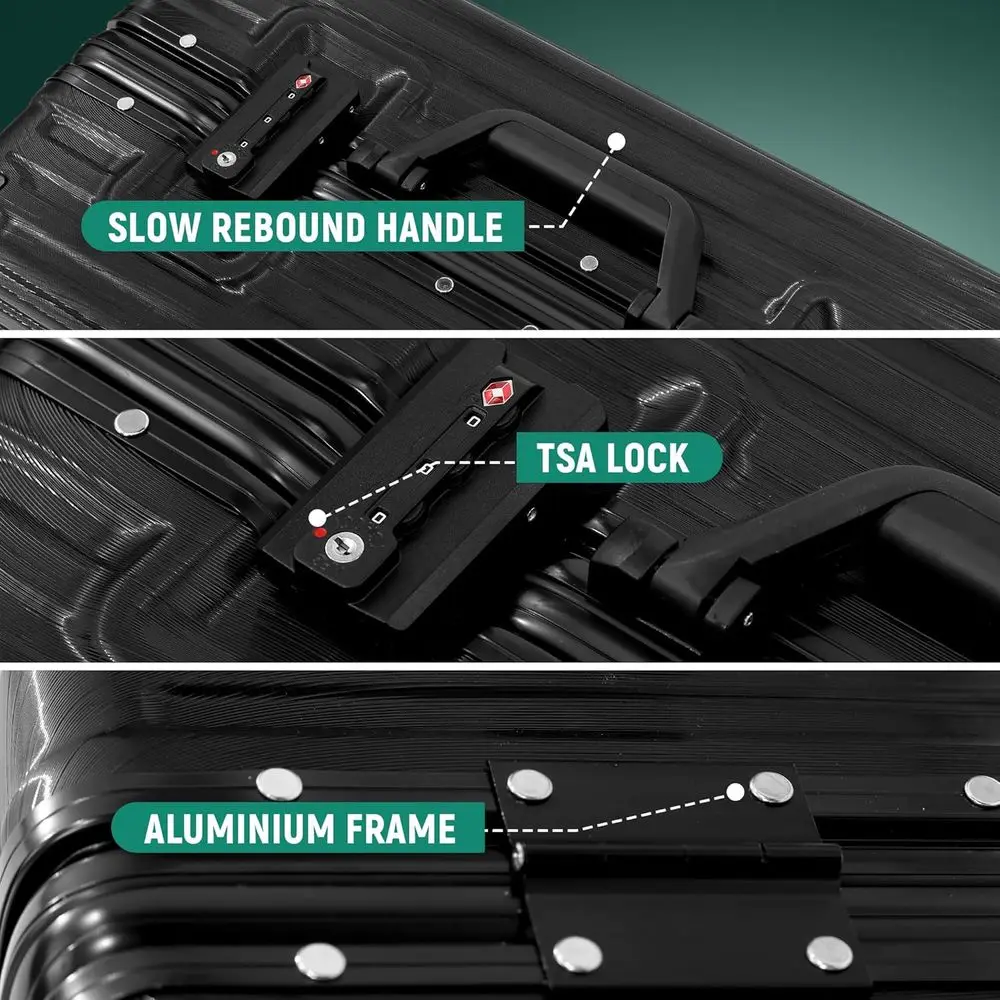 24 TSA-Lock Aluminum Frame Suitcase with Spinner Wheels, Cup Holder, Lightweight for Travel, Black