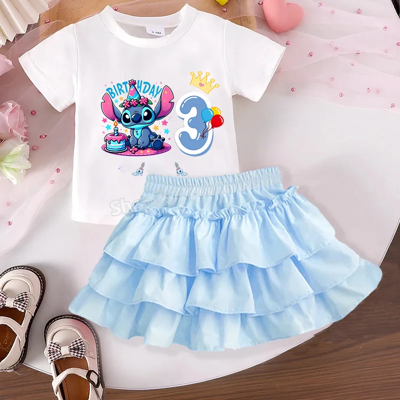مجموعة فستان تي شيرت عيد ميلاد ديزني ستيتش للأطفال اسم مخصص تي شيرت ملابس الفتيات التنانير 2 قطعة بدلة قصيرة الأكمام هدية