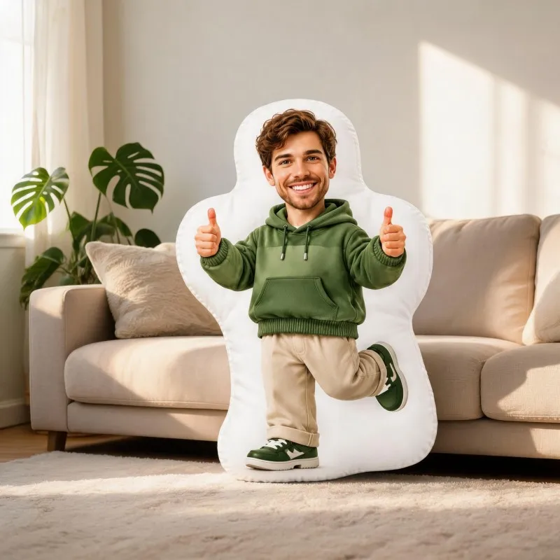 Custom Personalized Photo Face Pillow, Smiling for Man Green Hoodie Thumbs Up Custom Shaped Decorative Cushion, Unique Home Deco