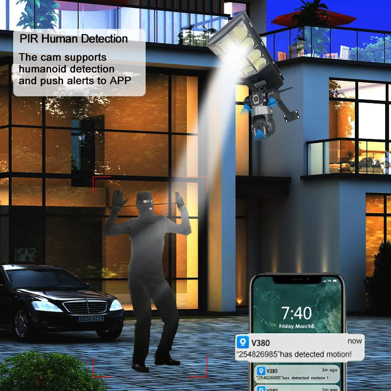 태양광 카메라 LED 가로등 4G 심카드 3렌즈 V380 프로 PIR 인체 감지 보안 알람 CCTV 야간 투시 야외 녹화기