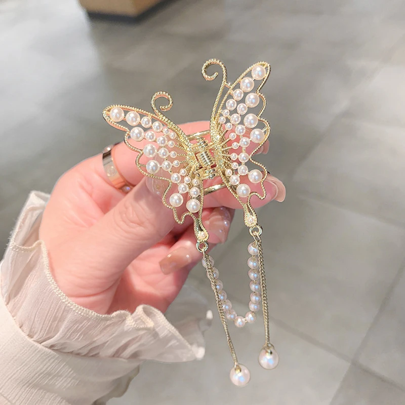 Retro Hollow Butterfly Tassel Hairpin Korean Girl Rhinestone Ponytail Hair Claw Elegant Pearl Hair Accessories For Women