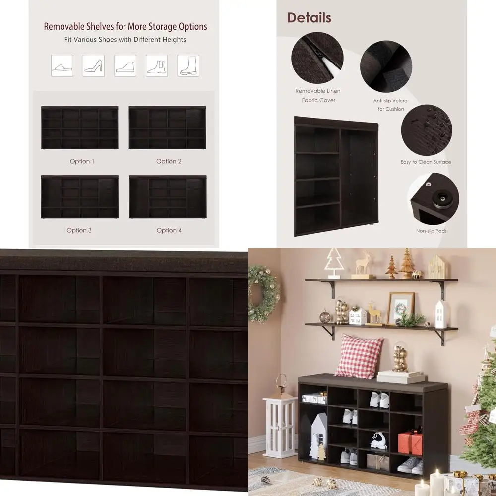 

Espresso Shoe Storage Bench with Cushion, 16-Slot Rack, Adjustable Organizer for Entryway, Mudroom, and More