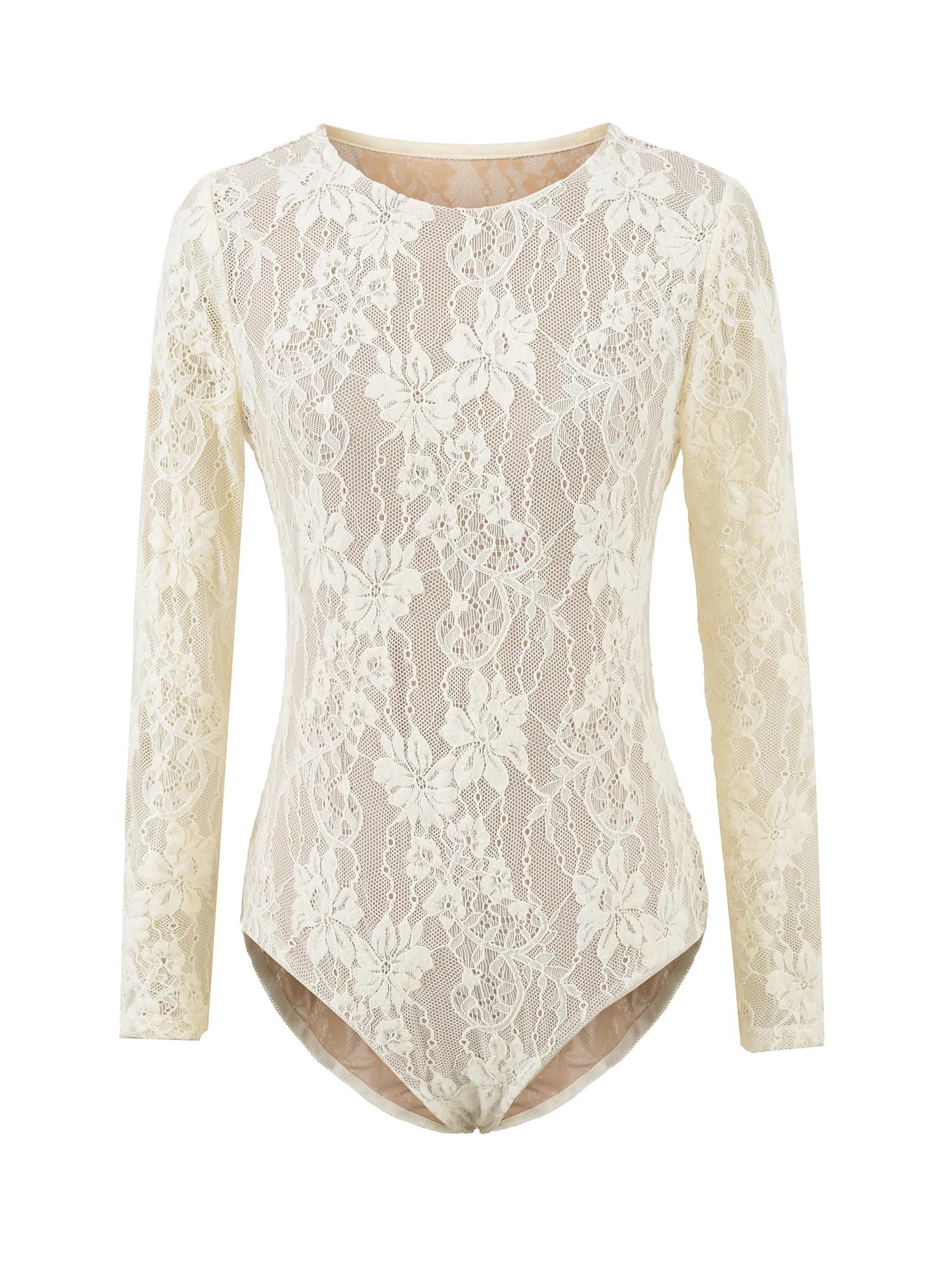 

Sexy Lace Long Sleeve Onesie Women's High Waist Crop Top Floral Embroidery round Neck Camisole Commute Straight Leg Suit