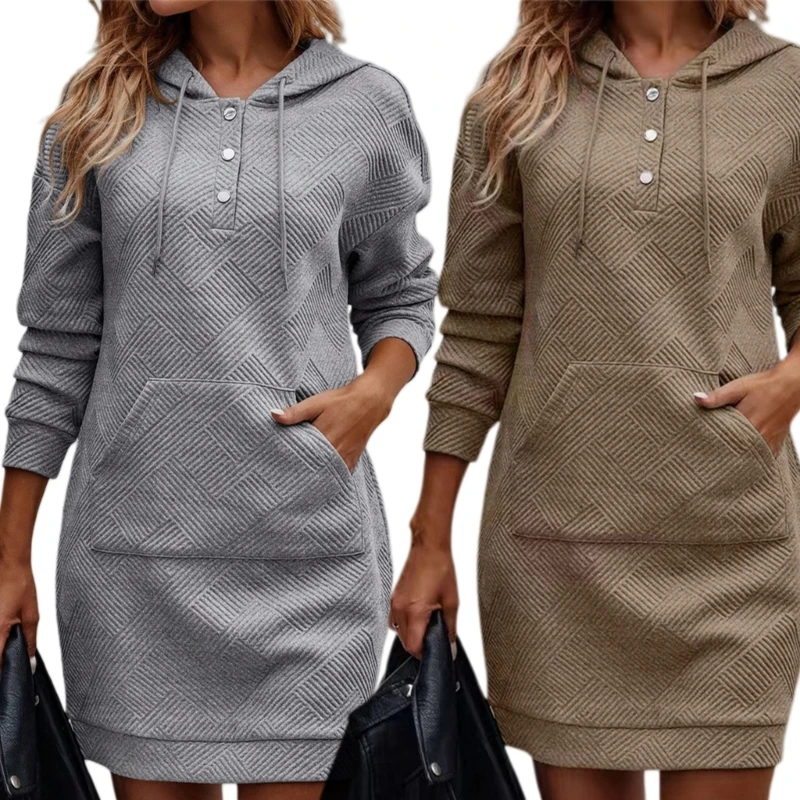 F42F Women Hoodies Dress Hooded Sweatshirts Dress Casual Button Long Sleeve Tunics Dress Oversized Sweatshirts with Pocket