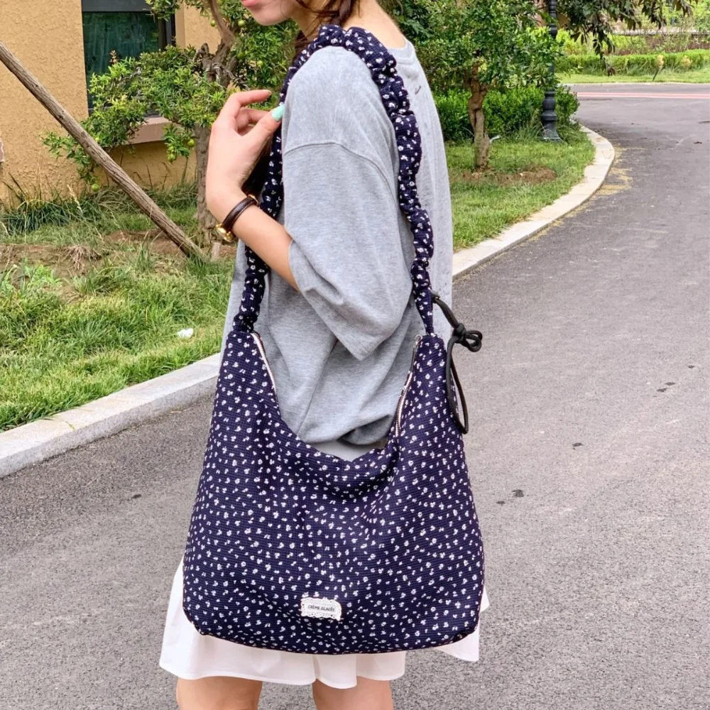New Korean Floral Print Slouchy Tote Bag for Women Large Capacity Shoulder Crossbody Handbag for Girl Casual Ins Style Shopper