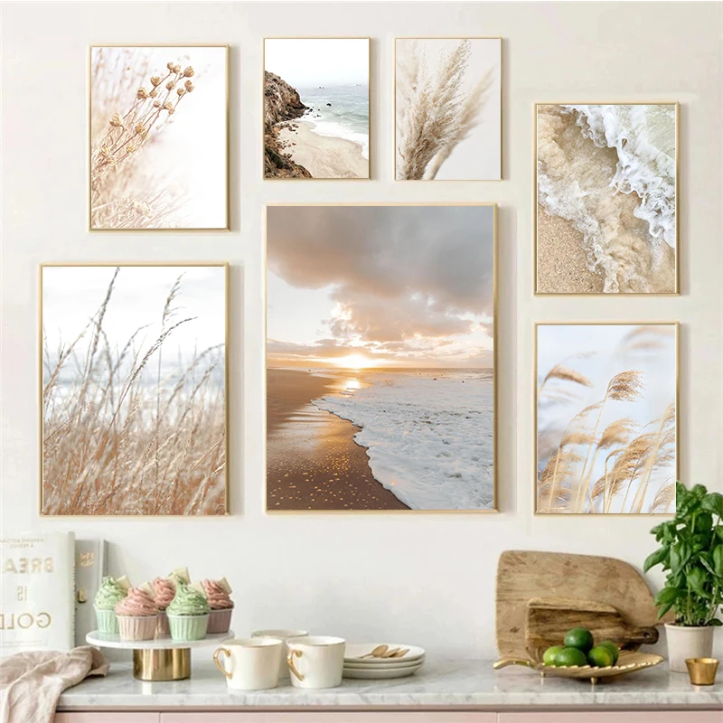 Nature Beach Sea Waves Pampas Grass Grey Poster Grass Reed and Sky Landscape Canvas Painting Pictures for Living Room Home Decor