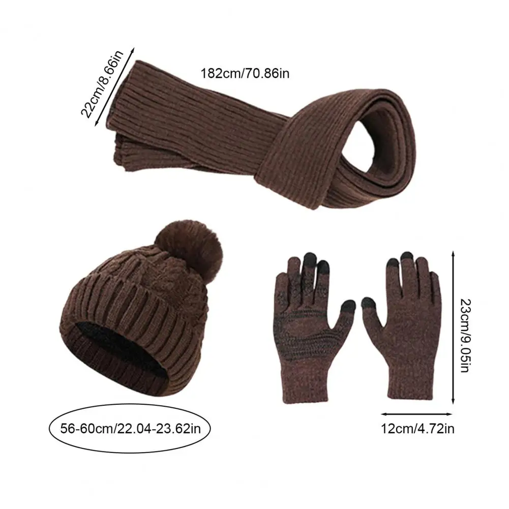 Elastic Warm Accessories 3pcs Winter Hat Scarf Gloves Set Solid Color Plush Ball Windproof Neck Warmer with Touch Screen Mittens