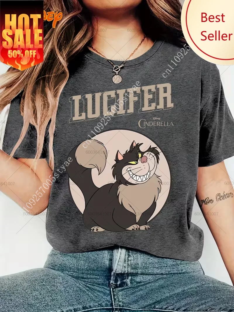 

Disney Vintage Playful Cartoon Lucifer the Cat Women's Men Cotton T Shirt Tees Unisex Short Sleeve Oversized Casual Couple Tops