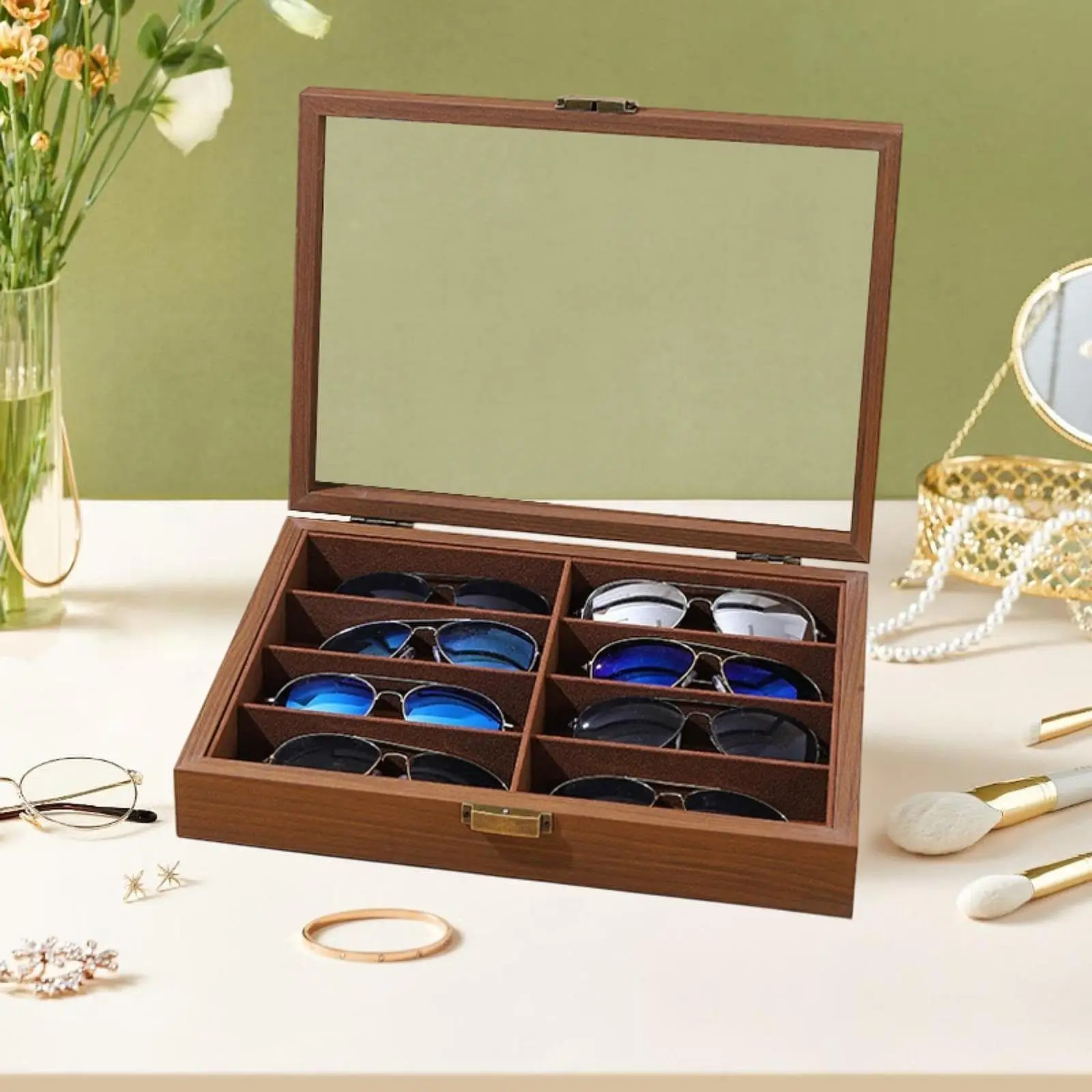 صندوق تخزين النظارات الشمسية ذو 8 فتحات وغطاء شفاف ومنظم النظارات
