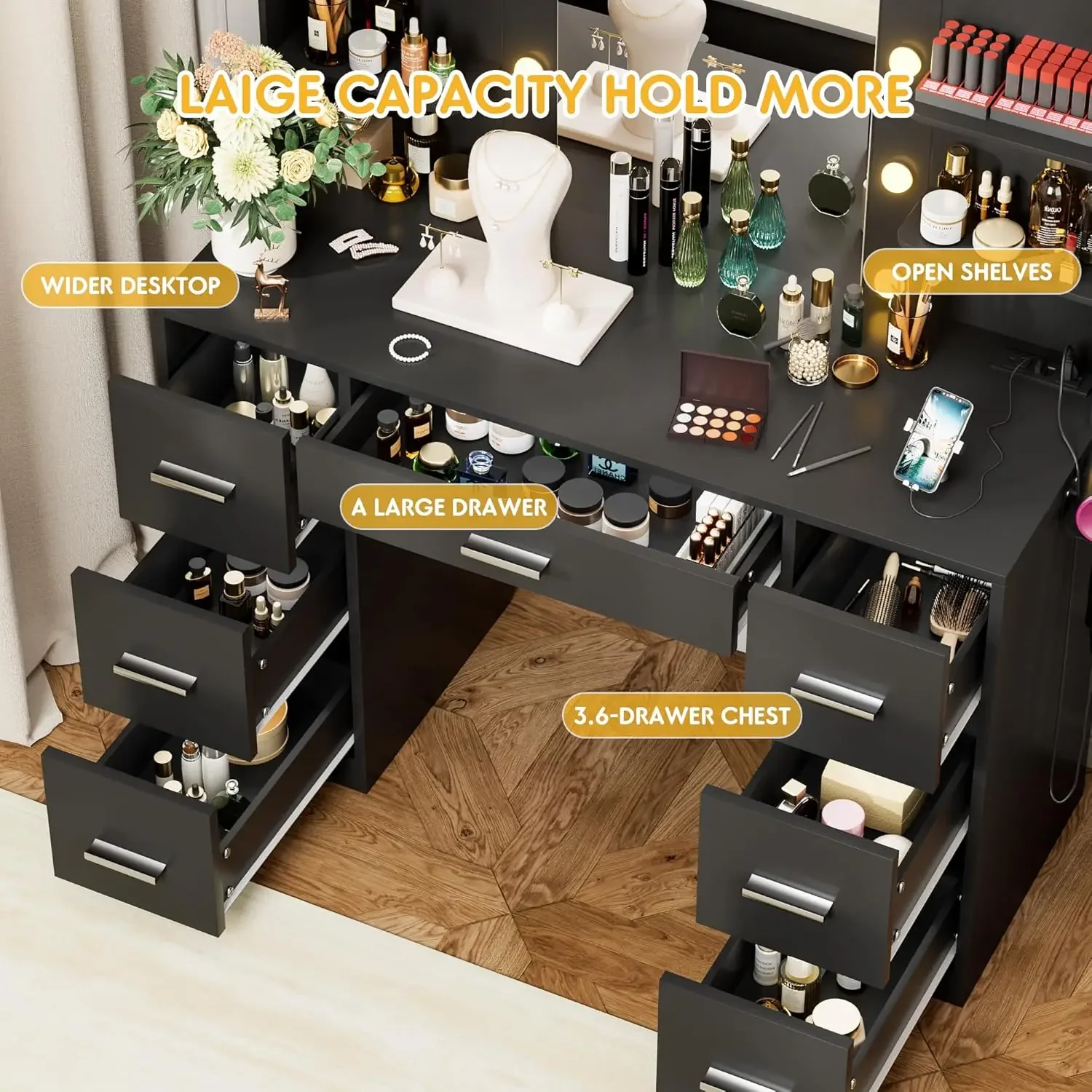Vanity Desk with LED Lighted Mirror&Power Outlet, 3 Model Lights Makeup Vanity Table with 7 Drawers and 6 Storage Shelves image 4