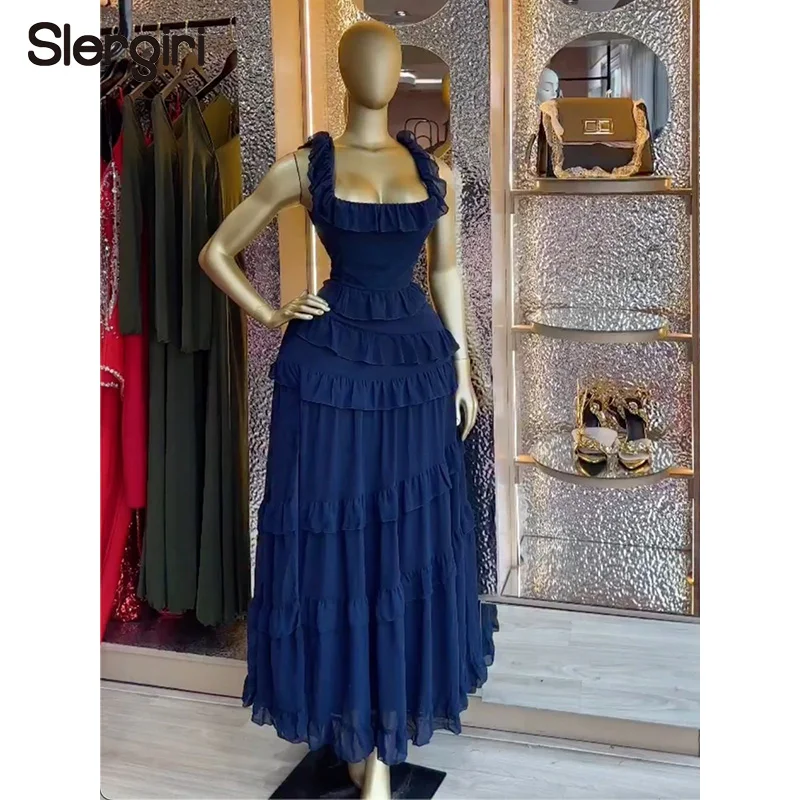 Slergiri Square Neck Sleeveless Ruffled Dress Women Fashion New 2026 Summer Solid Color Sweet Casual Vacation Maxi Long Dresses