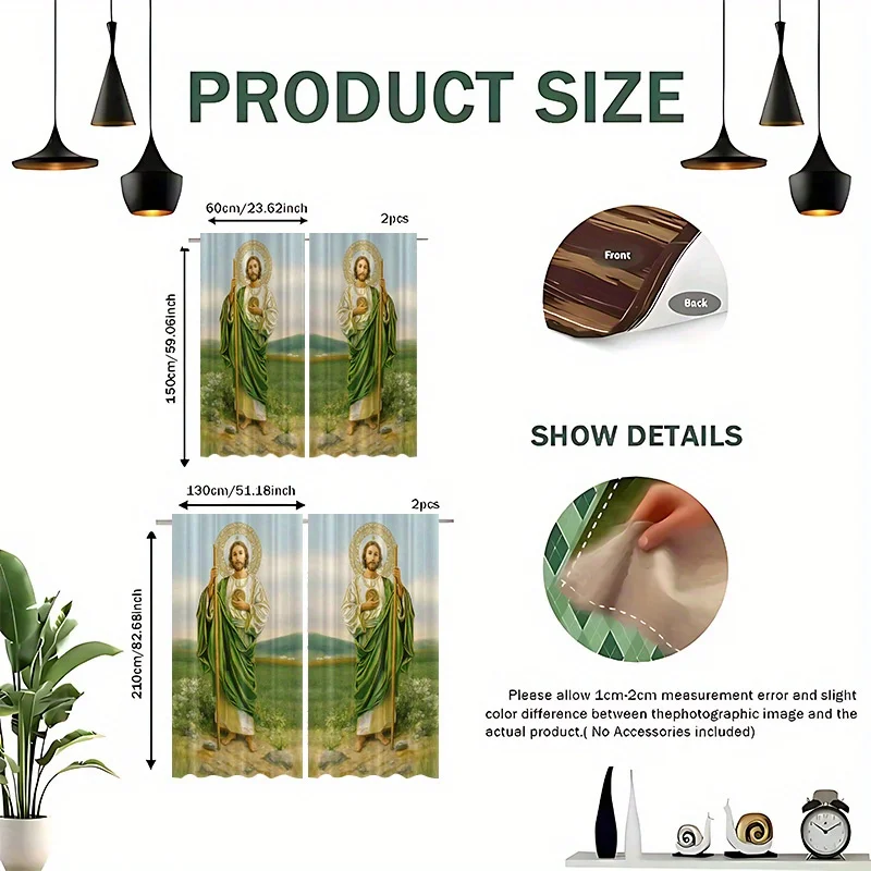 2D Flat, 2pcs Saint Jude Curtains Religious Figure Green Robe Print Drape Prayer Room Living Room Window Treatment ChristianHome