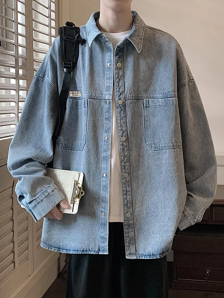 

Retro American Workwear Denim irt Jaet for Men Hip Hop Sle Long Sve Casual Loose Fit Youth Trend Autumn Outerwear