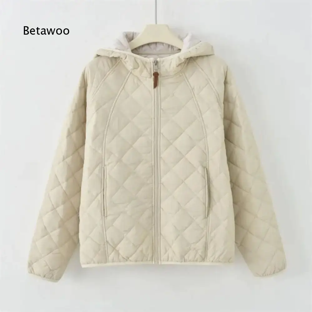Full Zip Hooded Light Quilted Coat Diamond Stitch Side Pockets Outerwear For Women Daily Casual Matches And Weekend Outings