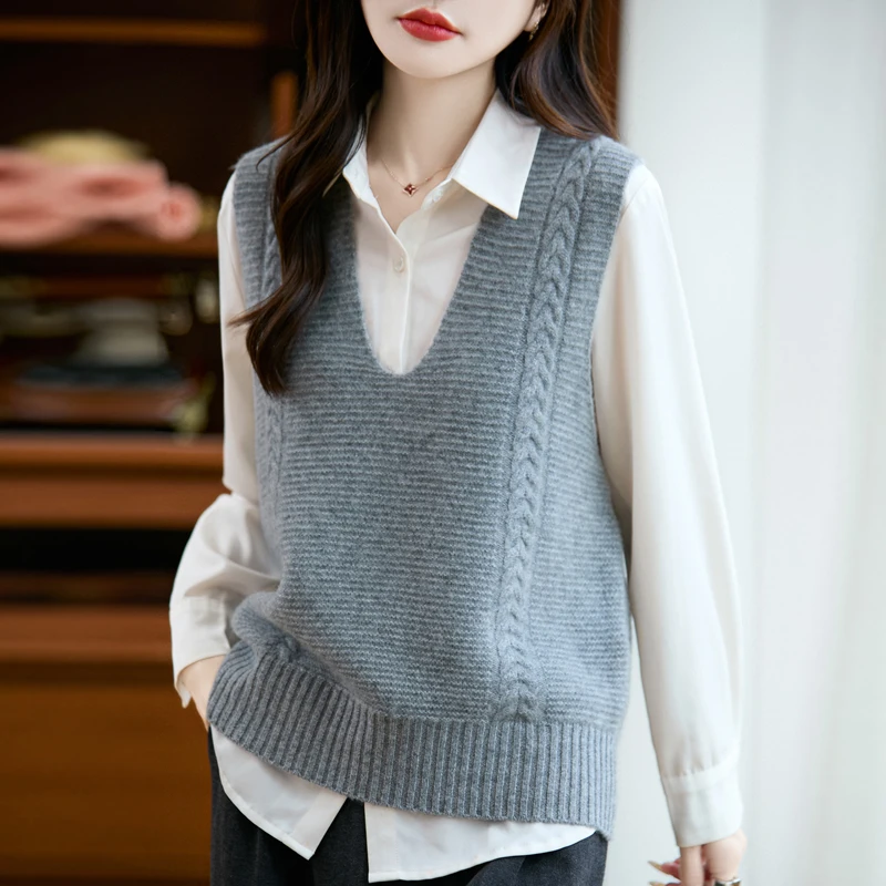 

100% Pure Wool Women Fall Winter Sweater Vest 2025 Fashion V Neck Sleeveless Knitted Pullover Waistcoat Female Loose Jumper Tops
