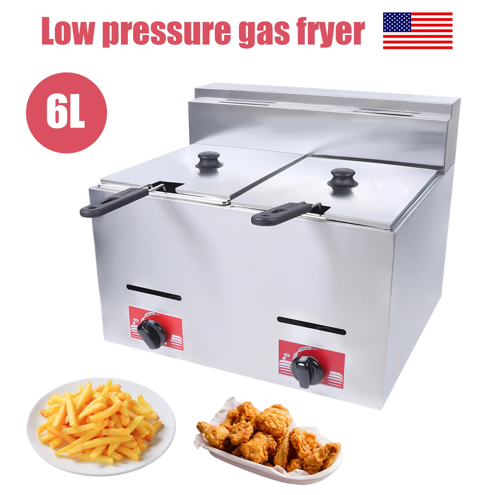 Commercial Gas Deep Fryer GF-72 Dual Tank, 10.6Qt Two-Cylinder Stainless Steel Fryer With 2 Baskets, 2800Pa LPG Frying Machine for Fried Chicken Chips, US Plug