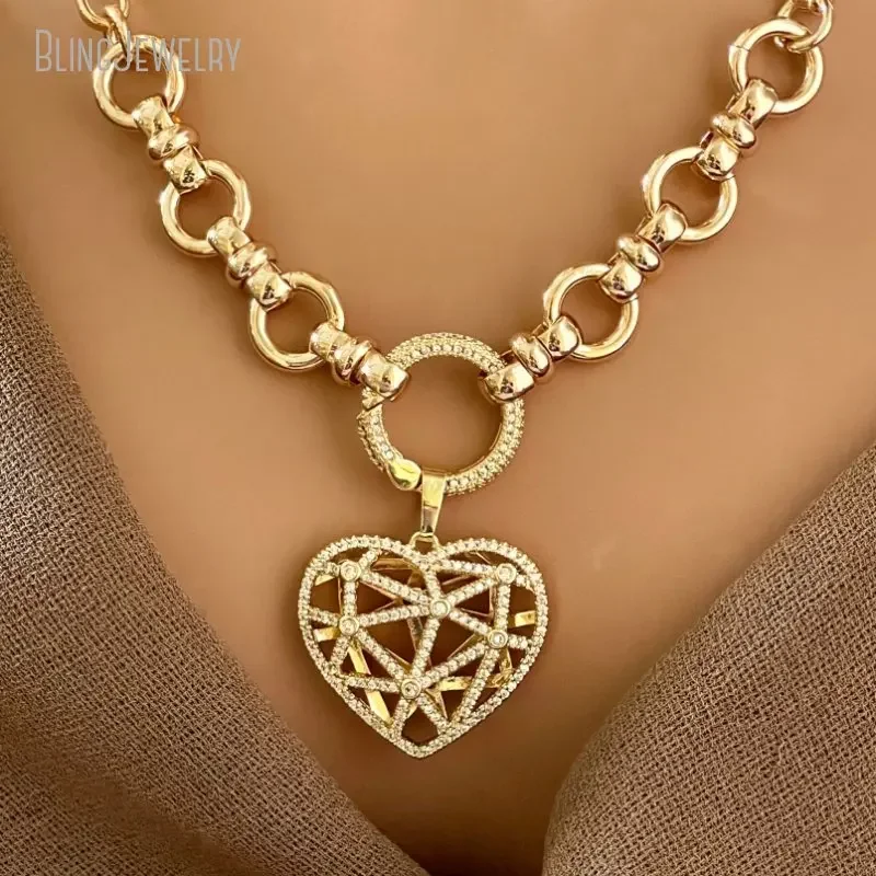 10pcs  K Gold Color Stainless Steel Multi Link Chain Necklace Latticework Cz Floating Heart Pendant Lobster Clasp Gift Jewelry