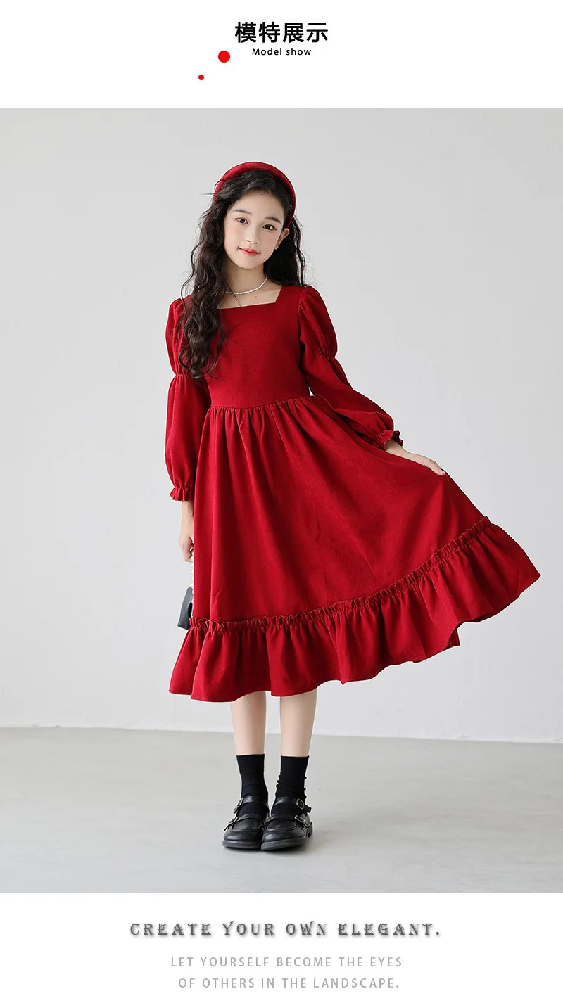 Kinder Mädchen Langarmkleider Herbst UNITIM 4-14 Jahre Kinder Mädchen Kleid mit quadratischem Kragen Rotes Kleid mit Rüschen Junior Mädchen Prinzessinnenkleider – Detail 1