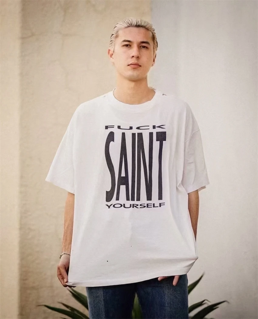 

New High Quality Vintage Saint Letter Logo Print Street Casual Loose T-shirt Washed Cotton Oversized MEN WOMEN Short Sleeve